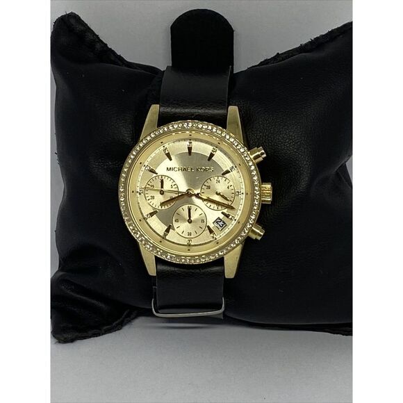 Michael Kors MTK6328 Unisex Black Leather Analog Gold Dial Quartz Watch XX331 - Picture 1 of 12